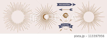Vintage set. Sunburst, sun light ray, vintage retro graphic. Set of light rays, sunburst and rays of sun. Hand drawn design elements, linear drawing, design sign, symbol. Vector Illustration 113397956