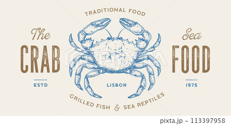 Crab, seafood, sketch. Vintage retro print, seafood crab sketch, logo sign template, ink pencil style drawing, engrave old school. Sketch artwork crab, template sign, logo, symbol. Vector Illustration 113397958