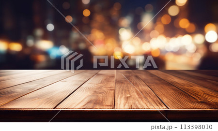 夜のレストランやバーのテーブルと夜景 table in bar at night AI生成画像 113398010