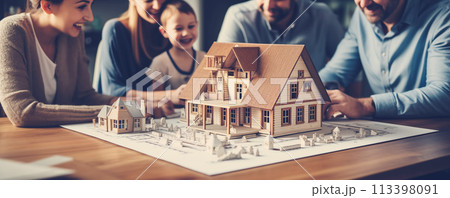 Family planning to buy a new house and choosing project according blueprint. 113398091