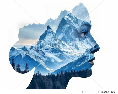 Double exposure artwork blending a serene female profile with majestic mountain scenery 113398165