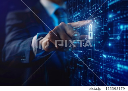 Businessman's finger activating virtual security padlock on digital screen in close-up view Businessman's finger activating virtual security padlock on digital screen in close-up view 113398179