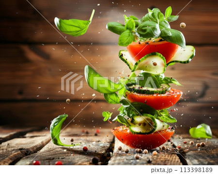 Capturing the vibrancy of fresh tomato, cucumber, and basil in mid-air with a sprinkle of spices 113398189