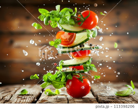 Dynamic image of fresh tomatoes, cucumbers, and basil with water droplets 113398206