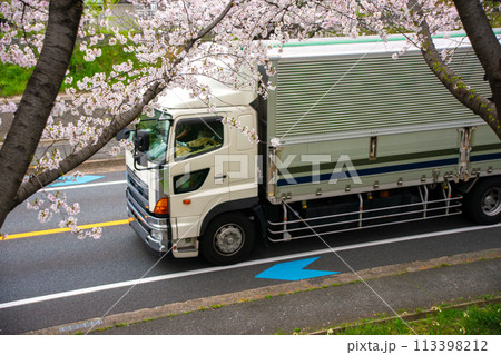 桜並木の横を通るトラック 桜並木の横を通るトラック 113398212