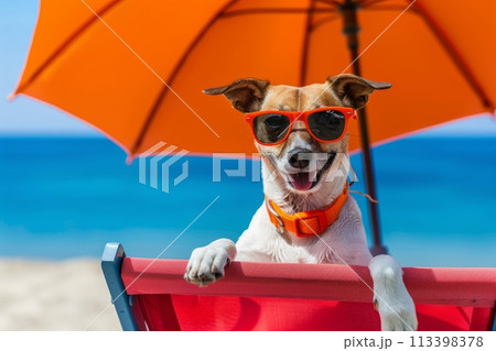 A cheerful dog with sunglasses lounges on a chair under an orange umbrella by the sea A cheerful dog with sunglasses lounges on a chair under an orange umbrella by the sea 113398378