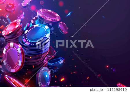Digital illustration of colorful gambling chips piled, on a neon-lit dark backdrop, ideal for casino-themed design 113398419
