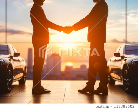 Silhouetted handshake between car salesman and buyer at sunset with new cars in background 113398502