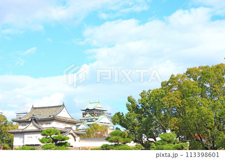 大阪府大阪市、大阪城天守閣と千貫櫓の風景 大阪府大阪市、大阪城天守閣と千貫櫓の風景 113398601