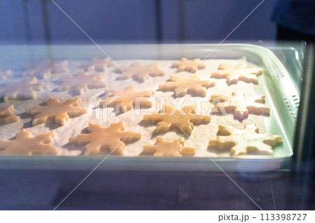 The delightful process of baking snowflake-shaped sugar cookies in a gas oven, creating a delicious treat for the holiday season. The delightful process of baking snowflake-shaped sugar cookies in a gas oven, creating a delicious treat for the holiday season. 113398727