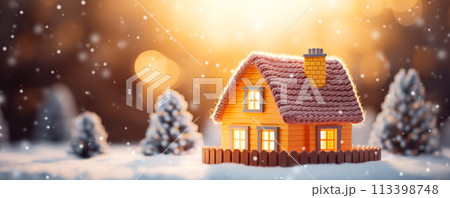 Knitted house standing on snow on beautiful snowy background, Heating concept. 113398748