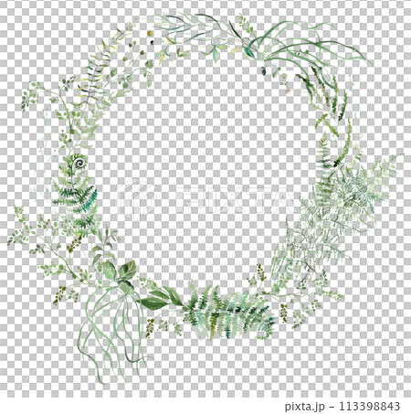 Round frame with Watercolor fern twigs with green leaves isolated illustration, botanical wedding 113398843