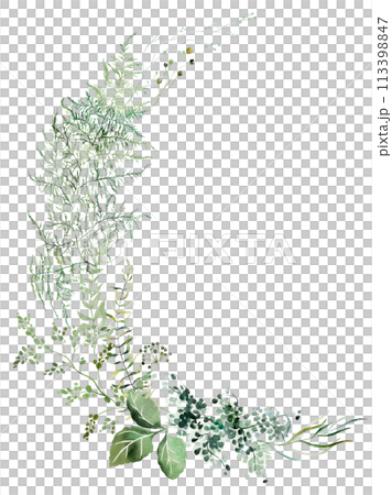 Round wreath with Watercolor fern twigs with green leaves isolated illustration, botanical wedding 113398847