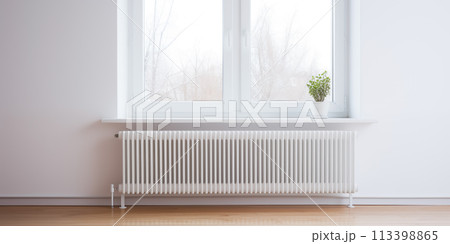 White room with window and radiator. Heating concept. 113398865