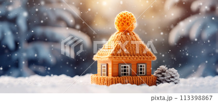 Knitted house standing on snow on beautiful snowy background, Heating concept. 113398867