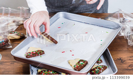 Carefully packaging Christmas cutout cookies, half-dipped in chocolate and presented in clear cellophane wrapping, perfect for festive gifting. Carefully packaging Christmas cutout cookies, half-dipped in chocolate and presented in clear cellophane wrapping, perfect for festive gifting. 113399039