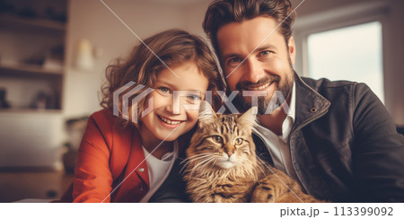 Father and daughter with cat sitting indoors. Concept of parenting and domestic animal. Father and daughter with cat sitting indoors. Concept of parenting and domestic animal. 113399092