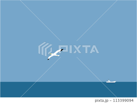 海に飛ぶカモメと船のイラスト 海に飛ぶカモメと船のイラスト 113399094