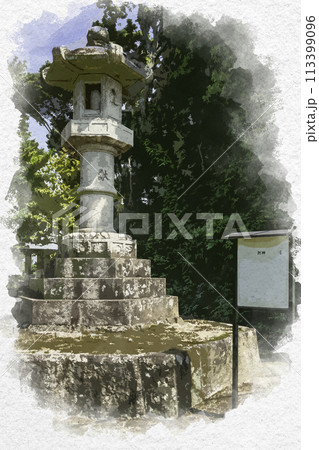 水彩画風　国鉾神社　石燈籠　岡山県都窪郡早島町 113399096