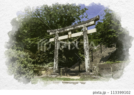 水彩画風　国鉾神社　鳥居　岡山県都窪郡早島町 113399102