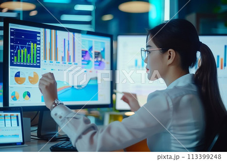Business manager utilizes a desktop computer to analyze statistics, commerce data, and marketing plans. 113399248