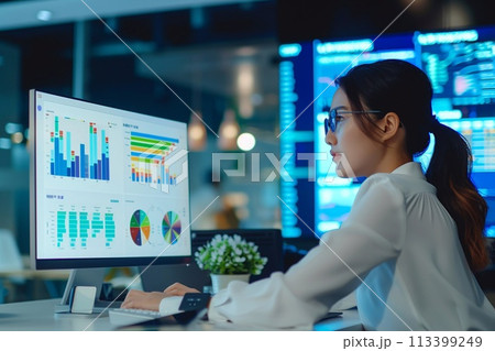 Business manager utilizes a desktop computer to analyze statistics, commerce data, and marketing plans. 113399249