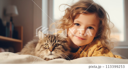 Cute child hugging with cat at home.のイラスト素材 [113399253] - PIXTA