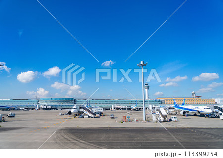 空港　飛行機　羽田空港　離陸　航空会社　エンジン　ブレーキ　午前　明るい　管制塔　ターミナル 113399254