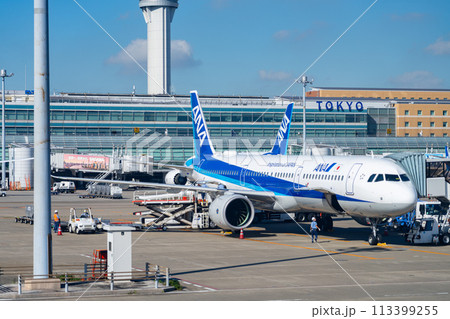 空港　飛行機　羽田空港　離陸　航空会社　エンジン　ブレーキ　午前　明るい　管制塔　ターミナル 113399255