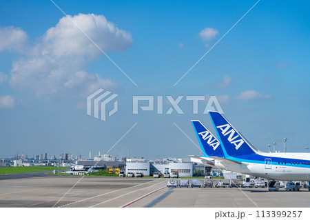 空港　飛行機　羽田空港　離陸　航空会社　エンジン　ブレーキ　午前　明るい　管制塔　ターミナル 113399257