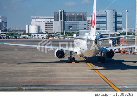 空港　飛行機　羽田空港　離陸　航空会社　エンジン　ブレーキ　午前　明るい　管制塔　ターミナル 113399262