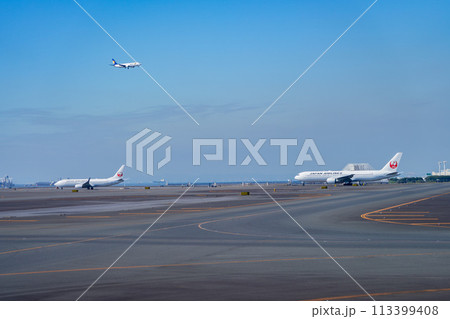 空港　飛行機　羽田空港　離陸　航空会社　エンジン　ブレーキ　午前　明るい　管制塔　ターミナル　整備 113399408