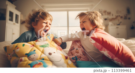 Siblings having fight with pillows at home. Concept of conflict and family relation. 113399461