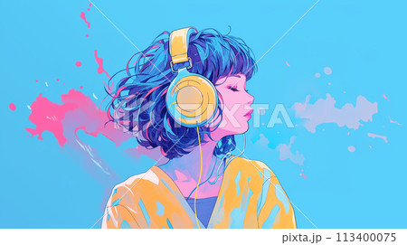 ヘッドフォンをしている女性の横顔 ヘッドフォンをしている女性の横顔 113400075