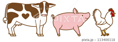 一列に並んだ牛・鶏・豚のシンプルなイラスト 113400118