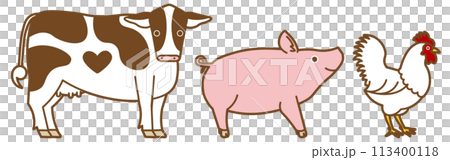 一列に並んだ牛・鶏・豚のシンプルなイラスト 113400118