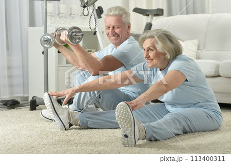 Portrait of happy sporty senior couple exercising 113400311