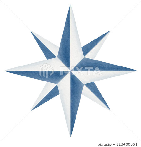Wind Rose in monochromatic colors of blue and white, traditional for Mediterranean ceramic tiles.Watercolor illustration. For maps, stickers, stationery, textiles. 113400361