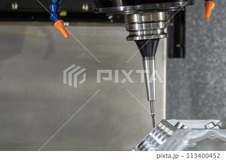 The 5-axis machining center cutting the V8 engine cylinder block with solid ball end mill tool. The 5-axis machining center cutting the V8 engine cylinder block with solid ball end mill tool. 113400452