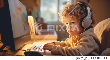 Cute little boy playing at PC at home. 113400511