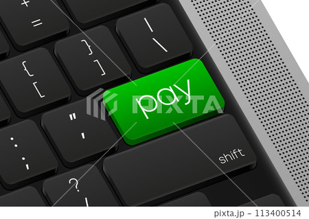 Pay button. Computer Keyboard. Word on pc computer keyboard. Vector illustration. 113400514