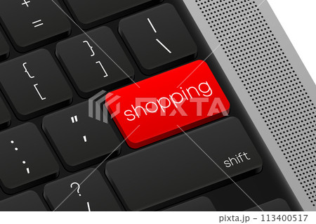 Shopping button. Computer Keyboard. Word on pc computer keyboard. Vector illustration. 113400517