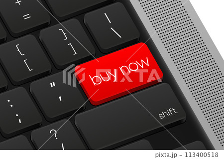 Buy Now button. Computer Keyboard. Word on pc computer keyboard. Vector illustration. 113400518