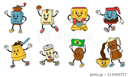 Cartoon coffee shop mascots, cup and coffee machine Cartoon coffee shop mascots, cup and coffee machine 113400757