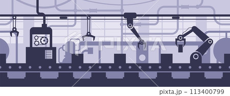 Factory interior conveyor line. Assembly line with conveyor belt, automated production process seamless vector background illustration Factory interior conveyor line. Assembly line with conveyor belt, automated production process seamless vector background illustration 113400799