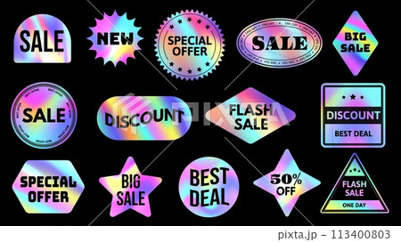 Promotional holographic stickers. Iridescent neon gradient sale and discount badges vector set Promotional holographic stickers. Iridescent neon gradient sale and discount badges vector set 113400803