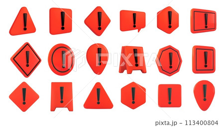 Red 3D warning signs. Hazard danger symbols with exclamation marks, emergency caution safety icons and attention alert signs vector illustration set 113400804