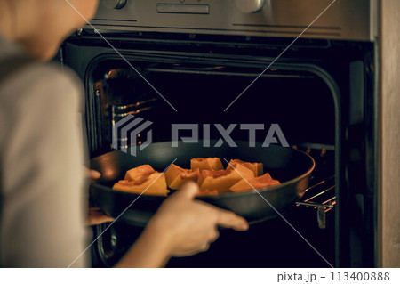 young woman in an apron puts a dish with pumpkin in an electric oven for baking in kitchen young woman in an apron puts a dish with pumpkin in an electric oven for baking in kitchen 113400888