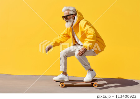 happy cool gray haired bearded hipster old senior man skater with skateboard moves on yellow background. Older people freedom spirit concept happy cool gray haired bearded hipster old senior man skater with skateboard moves on yellow background. Older people freedom spirit concept 113400922