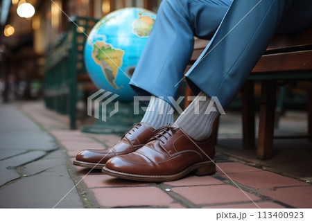 Businessman's feet with a globe in the park, the concept of business connections around the world 113400923